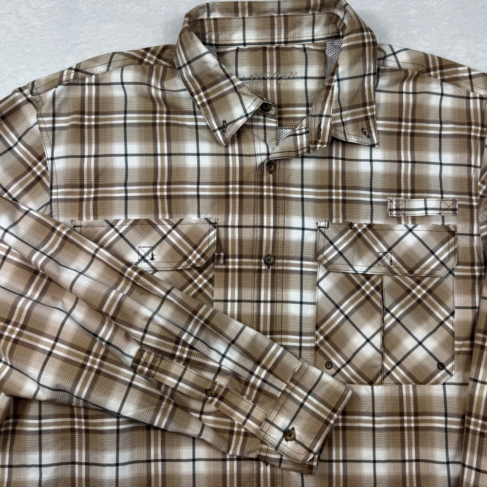 Lincoln Outfitters Mens‎ Large Tall Brown Plaid Ventilated Fishing Hiking Shirt